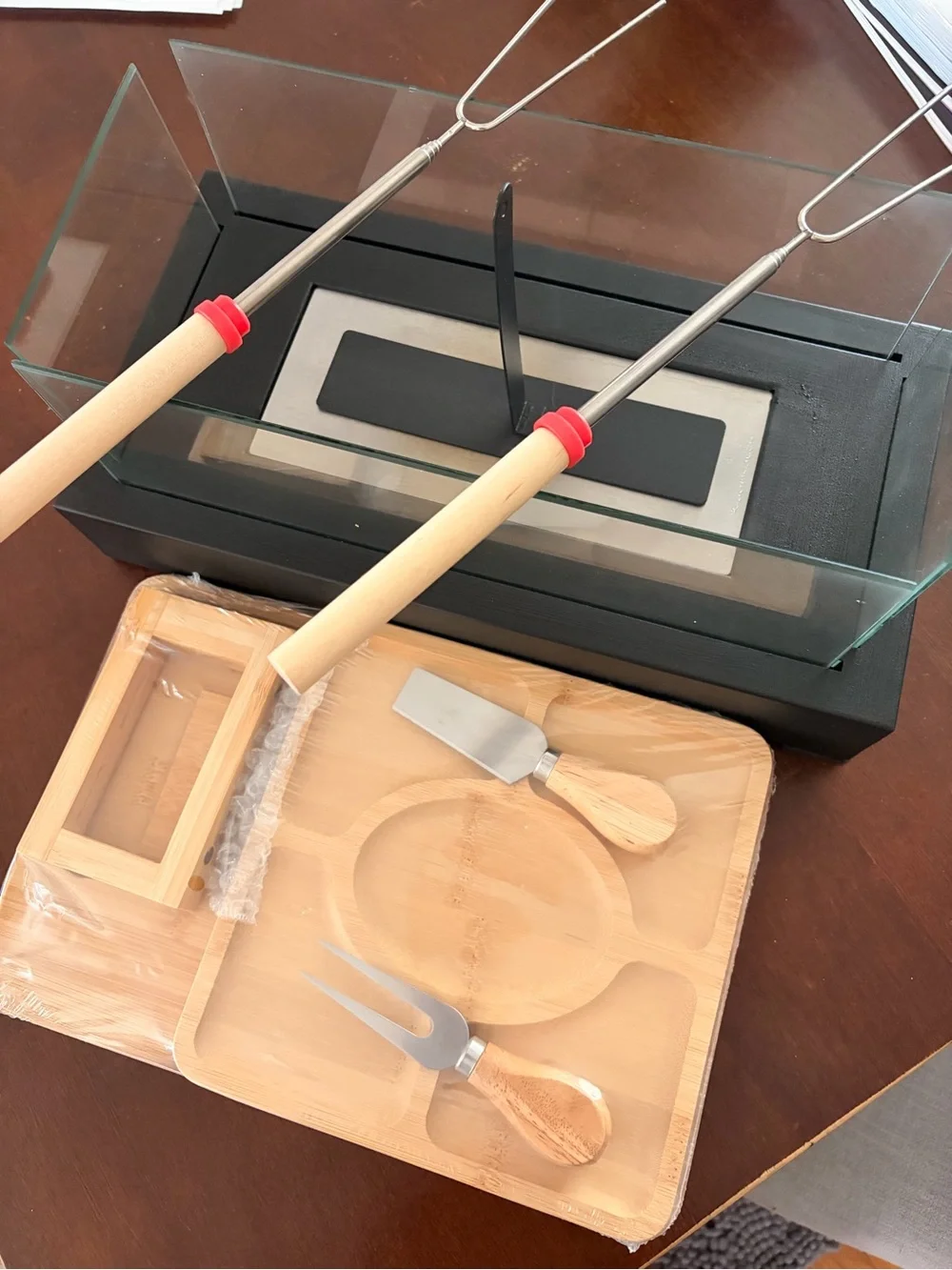 Black Tabletop Firepit with Bamboo Dessert & Fruit Boards Set & utensils